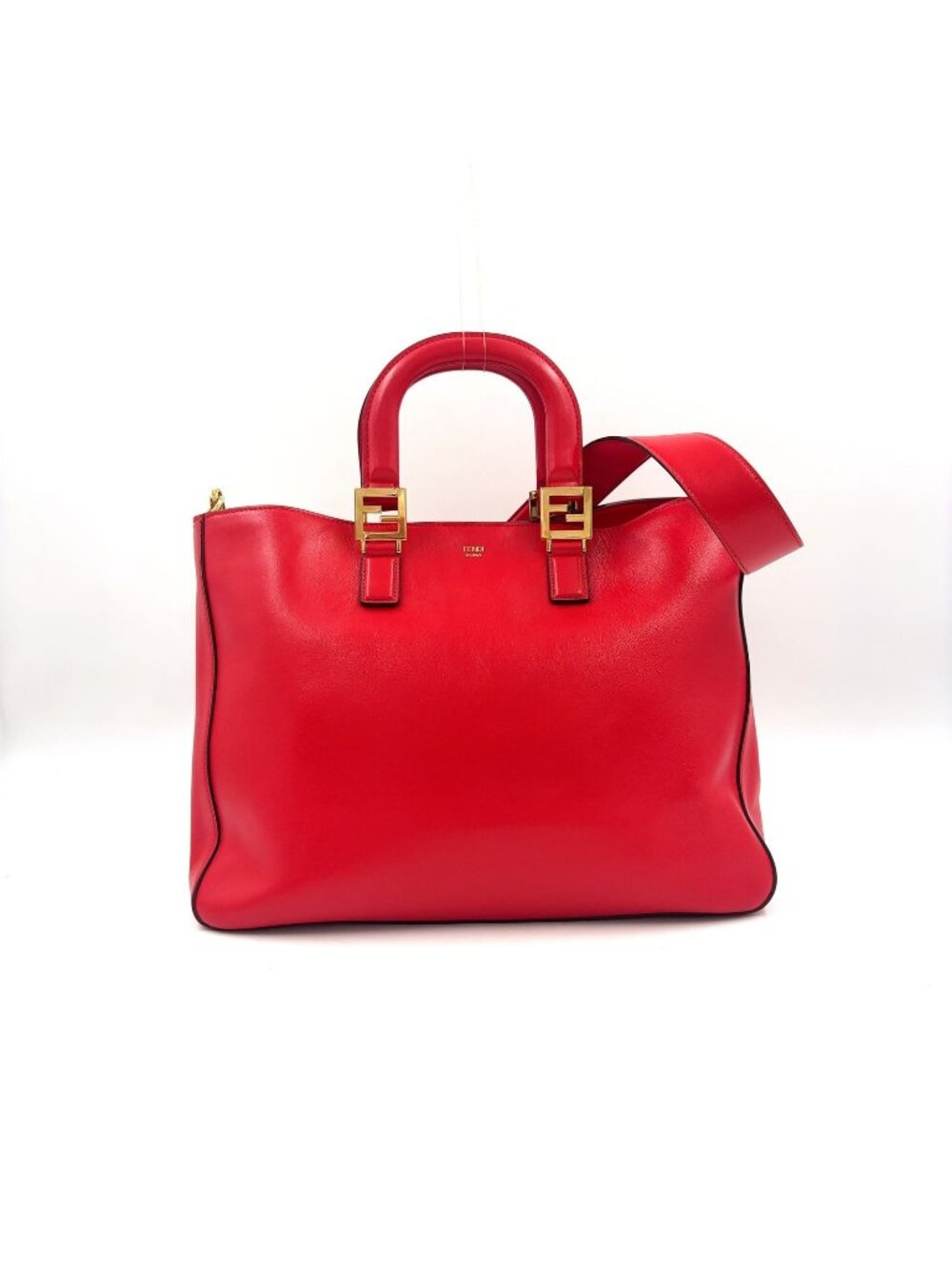 Fendi FF Tote Shoulder Bag Leather Red Gold